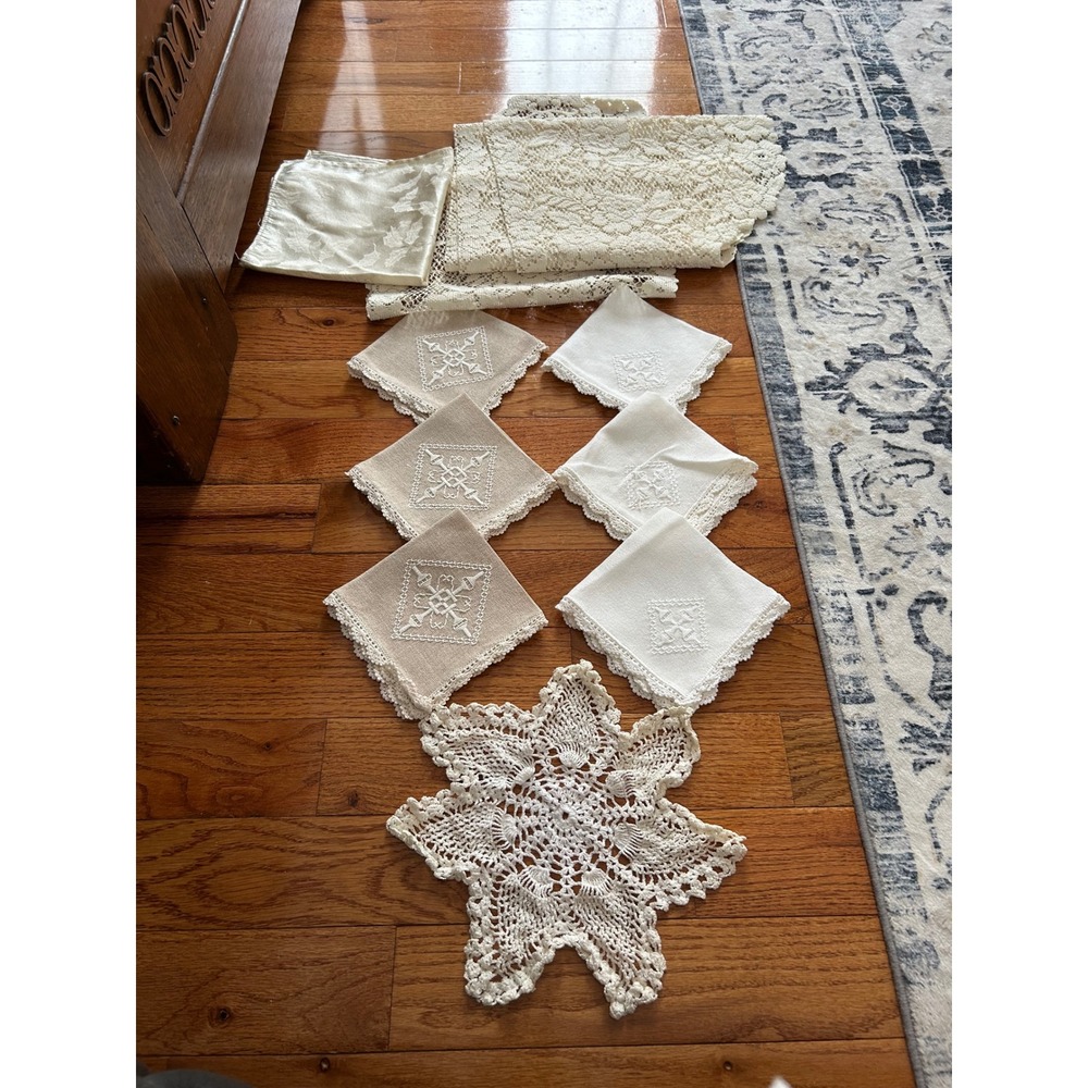 Vintage Lace Linens Lot Embroidered Napkins Crochet Doilies Floral Table Runner